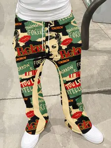 Men's Loose Fit Flare Leg Knit Pants, Casual Street Comfy, Casual Streetwear Joggers, Vintage Hip Hop Long Trousers, 3D Print Geometric Design, Sporty Fashion, Menswear