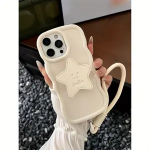 Phone Case - A Creamy White Star-Shaped Macaron Phone Case with a Big Wavy Design, Cute And Charming, Comes with a Convenient Lanyard, Compatible with Various Phone Models Including Iphone 11, 12, 13, 14, 15, 16, And Samsung A51, A52, A53, A54, A55