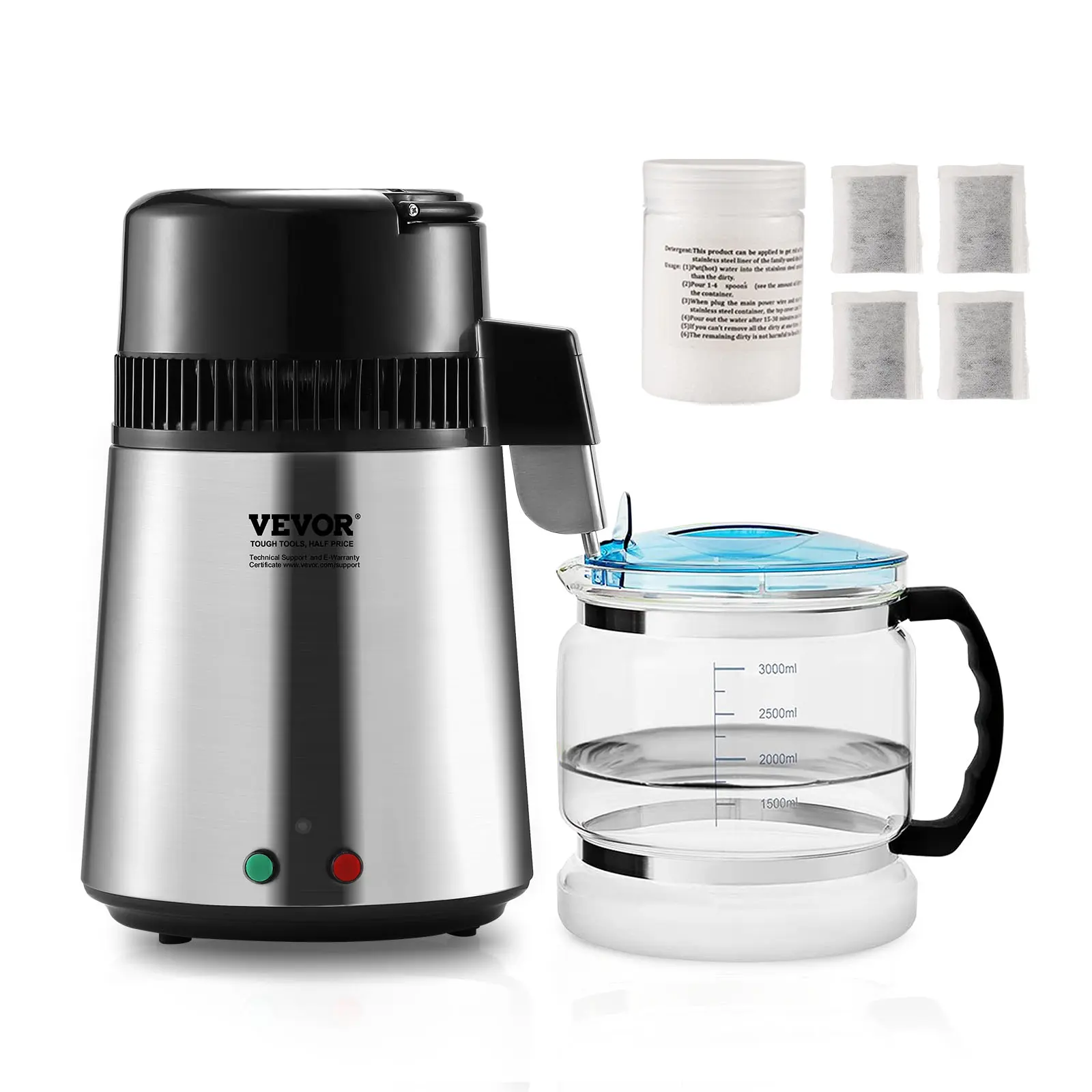 【BackToSchool】VEVOR Water Distiller, 4L 1.05 Gallon Pure Water Purifier Filter For Home Countertop, 750W Distilled Water Maker, Stainless Steel Interior Distiller Water Making Machine to Make Clean Water, Silvery