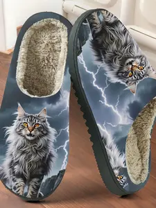Lightning Cat Printed Cotton Slippers, Cool Mystery Style, Fuzzy Lined Anti-Slip Thick Sole, Home Warm Shoes for Men & Women Fall Winter