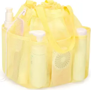 Mesh Shower Caddy Portable with Drawstring, Dorm Room Essentials for College Students Girls & Boys, Large Shower Bag for Camping,Swimming,Gym,Travel,Bathroom - Yellow