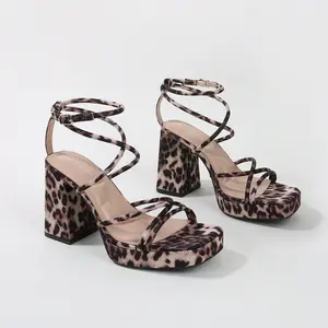 BERNESS Aggie Leopard Print Strappy Platform Block Heel Sandals for Women with Cushioned Memory Foam Insole and Square Toe Design
