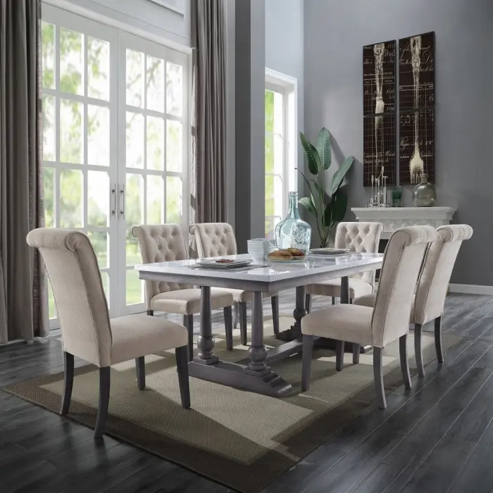 Acme 73265-67 7-Pieces Dining Table Set - Grey Yabeina Finish Wood, White Marble Top, 6 Chairs for Modern Indoor Furniture Elegance, Modern Elegance