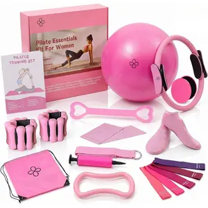 Pilates Equipment Kit 19 count,  Pilates Workout Kit for Women, 14.5" Pilates Ring and Ball Set with Adjustable Ankle Wrist Weights, 5 Resistance Bands,Sliders & Grip Socks,Workout Guide Included