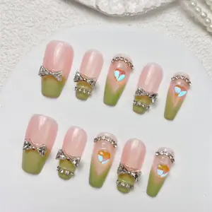 Handmade Press on Nails, 10pcs/set Fake Nail Tips with Nail Tool Buffer Jelly Gel Stickers, Y2K DIY Diamond Shining Elegant Luxury Design