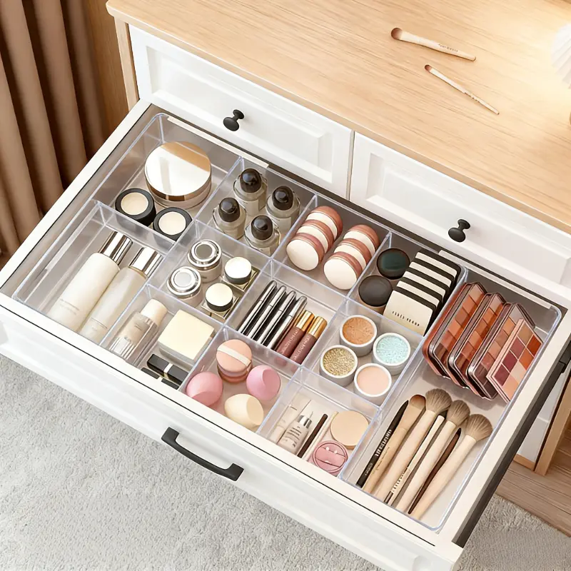 Expandable Drawer Organizer,Customizable Makeup Vanity Organizing Storage Tray for Bathroom, Bedroom & Desk Drawers - Clear Plastic Cosmetics Multifunctional Organizers with adjustable kitchen Compartment transparent
