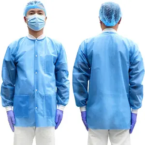 Greenour Pack of 10 Disposable Lab Coat with 3 Pockets, Thicker Short Blue SMS Smock with Knitted Cuffs and Collar
