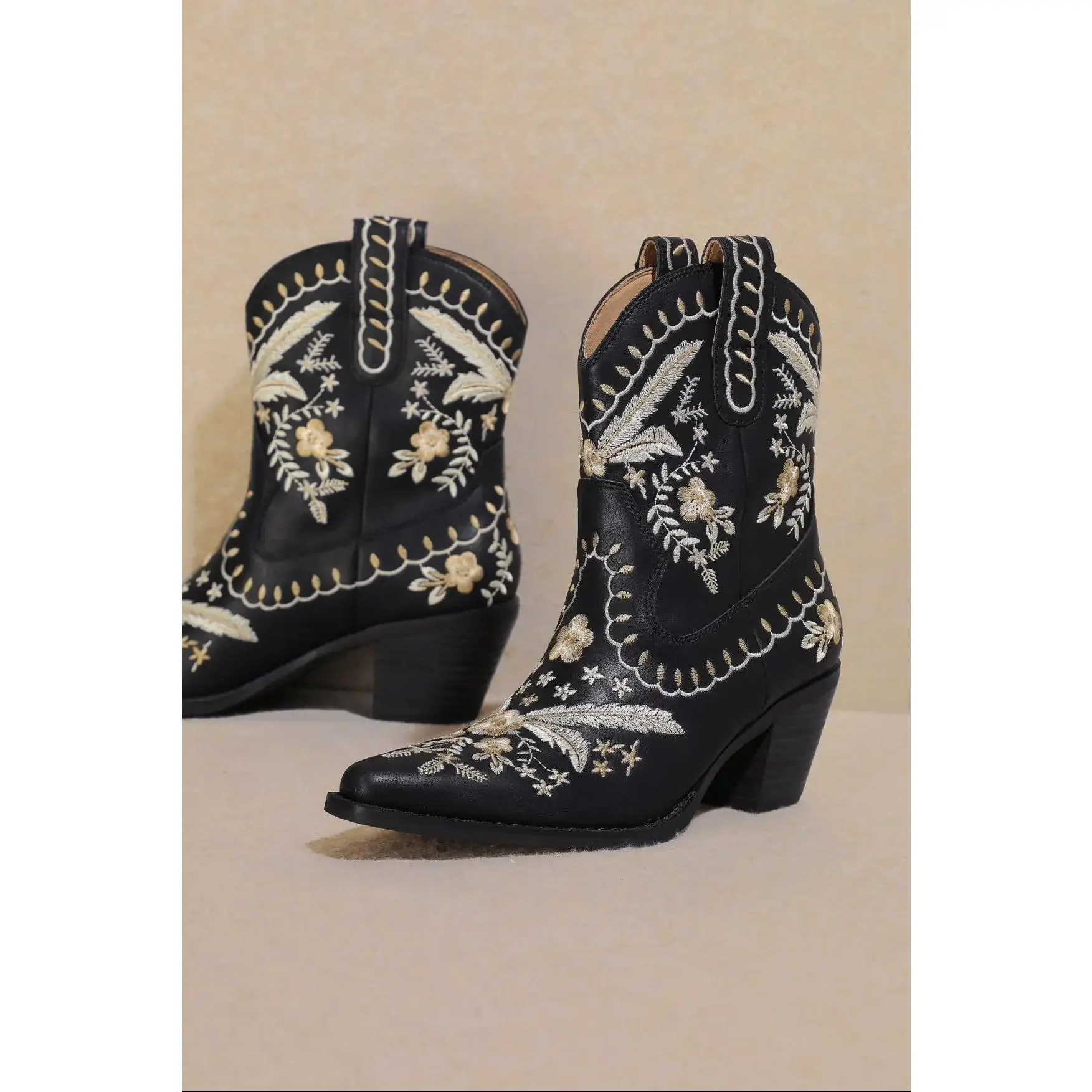 Black Embroidered Floral Western Ankle Boots