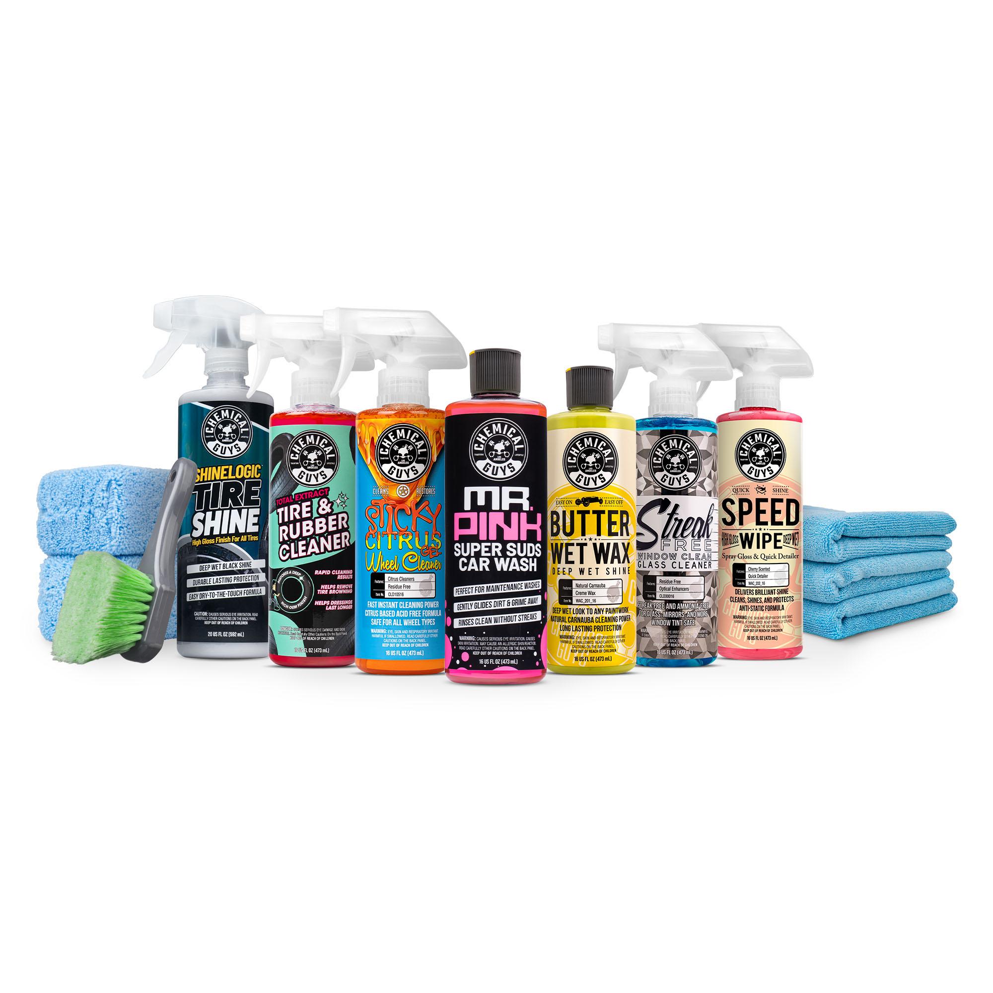 Chemical Guys Exterior Vehicle Deep Cleaning Full Kit - Heavy Duty Wash Set with Car Wash Sprayer, Foaming Car Soap, Multifunctional Cleaner, Wheel-Tire Care, Wax, Window Cleaner, Quick Detailer for Home Use & Glossy Detailing