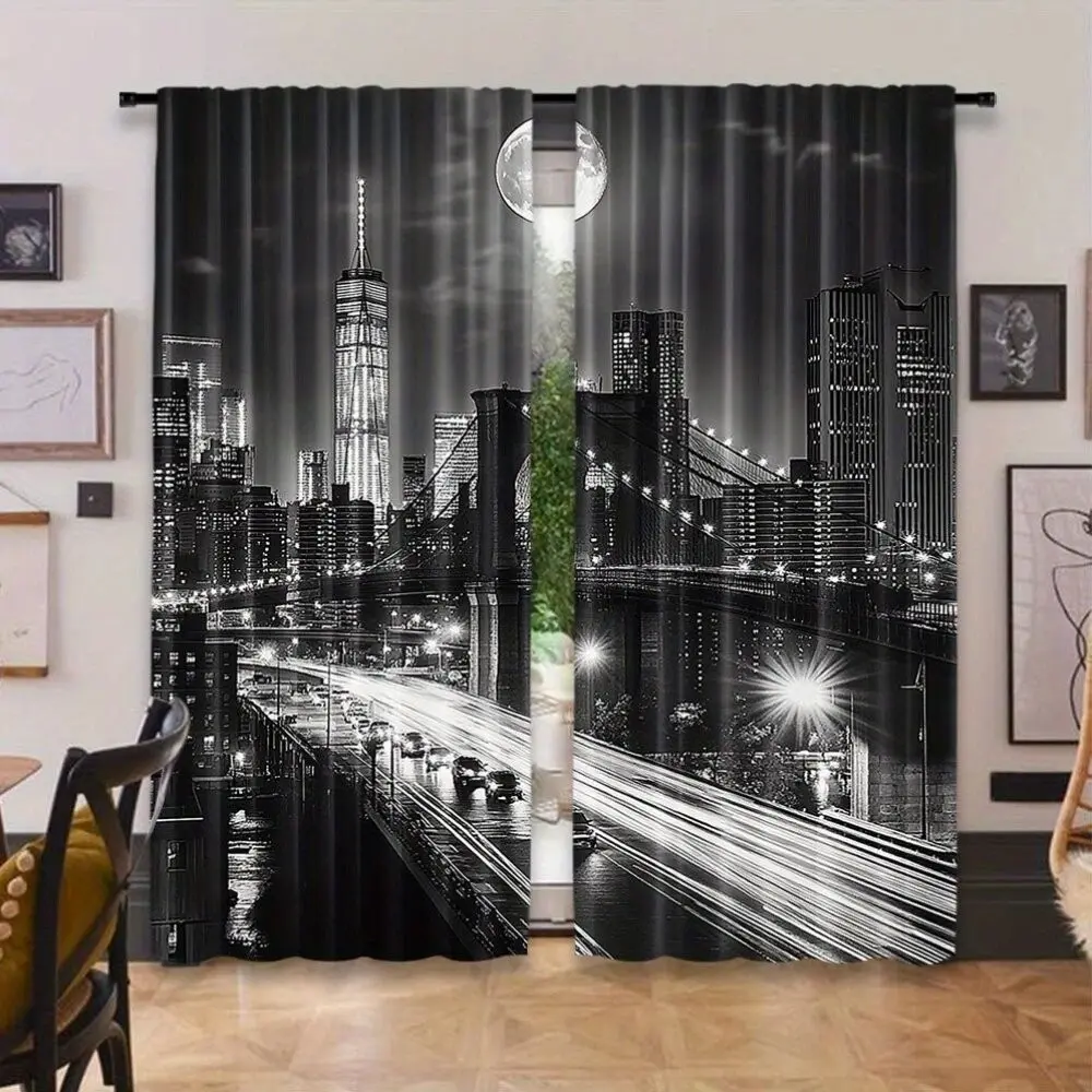 2 Piece City Night Scene Print Curtains, Fashionable Rod Pocket Window Drapes for Bedroom and Living Room, Easy Installation, Room Decor Curtain, Home Decoration Curtain