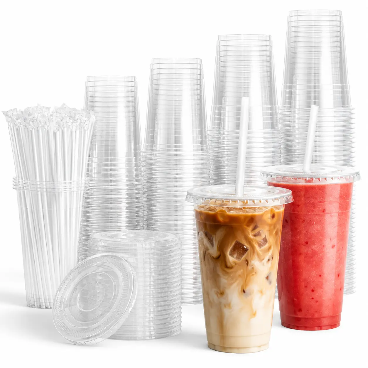AISOON 50/100 Pack Clear Plastic Cups with Flat Lids and Wrapped Straws, 12–32 oz Disposable PET Cups for Iced Coffee, Smoothies, Milkshakes, Juice and Cold Drinks