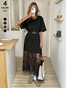2026 Blogger Style Lace Patchwork T-Shirt Dress, Spring Fall Round Neck Short Sleeve Loose Midi Dress, Waist Tie Slimming Casual Long Dress