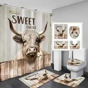 Scottish Highland Cow Shower Curtain Set, Cute Cartoon Design, Includes Hooks & Mat, Ideal Bathroom Decor Gift for Friends & Family