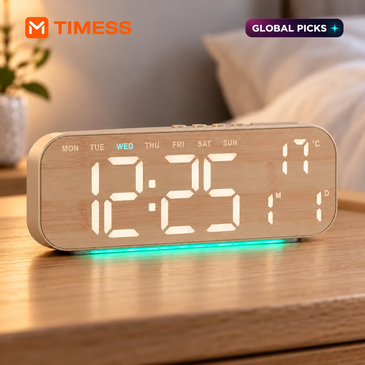 Large LED Digital Alarm Clock for Bedroom, 9.4" Wooden Grain Electronic Desk Clock with Ambient Night Light, Dual Alarms, 12/24H, Indoor Temp, USB Charger Port - TIMESS