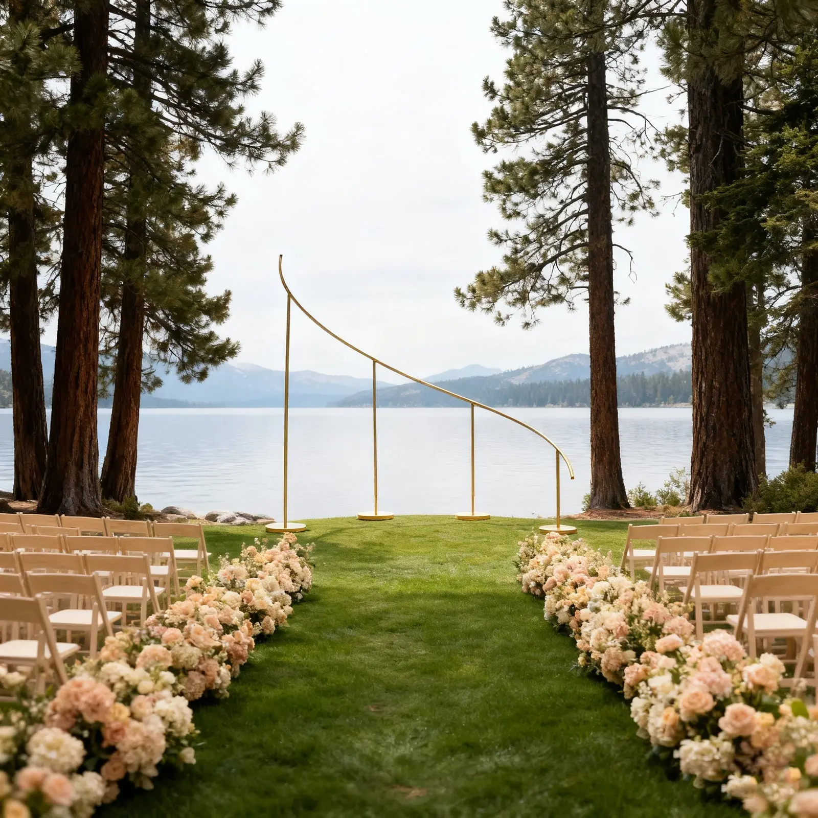 Gold Curved Wave Wedding Arch Backdrop Stand - 8ft x 12ft Left-Side Heavy-Duty Metal Frame with Round Bases, for Wedding, Anniversary, Balloon Decor, Compatible with LED Lights & Banners