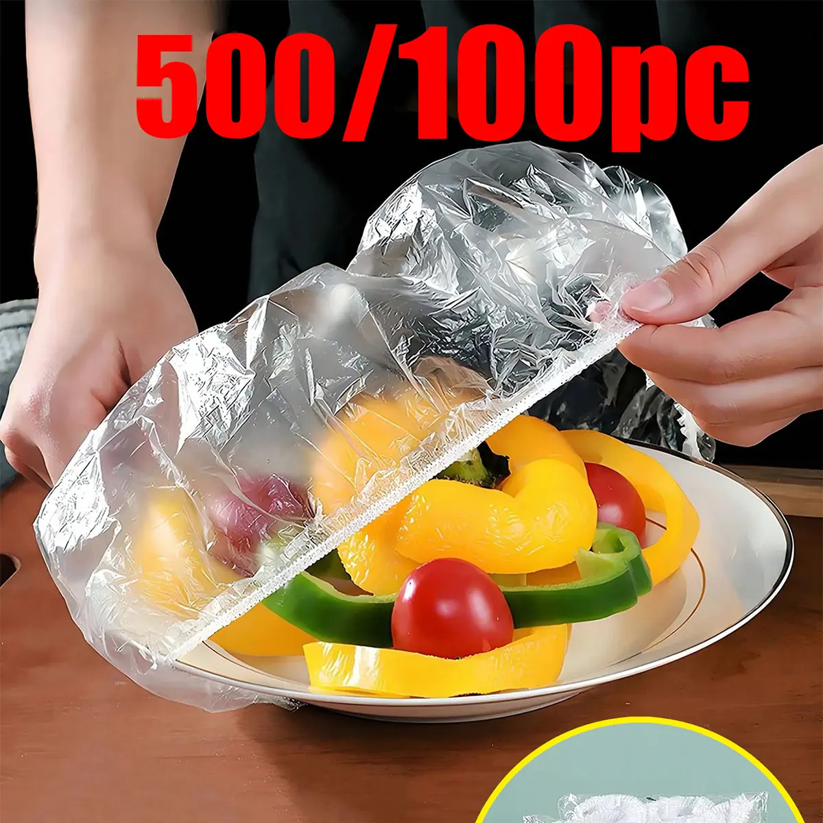 100/500pc disposable food preservation film cover, Plastic, food cover preservation cover plate, kitchen nylon packaging bag storage bag, thickened kitchen preservation film, household refrigerator food preservation film elastic telescopic cover