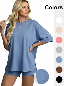Women's loose-fitting two-piece loungewear set, Pajama Set, Pjs, Womenswear, short-sleeved top + shorts, comfortable for everyday wear with practical pockets, available in multiple colors to suit various occasions and exudes a relaxed feel!