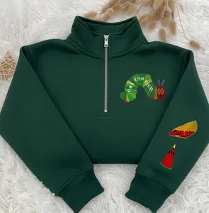 Embroidered Very Hungry Caterpillar Quarter Zip Sweatshirt, Cute Fruit Worm Pullover, Cozy Kids Book Lover Gift