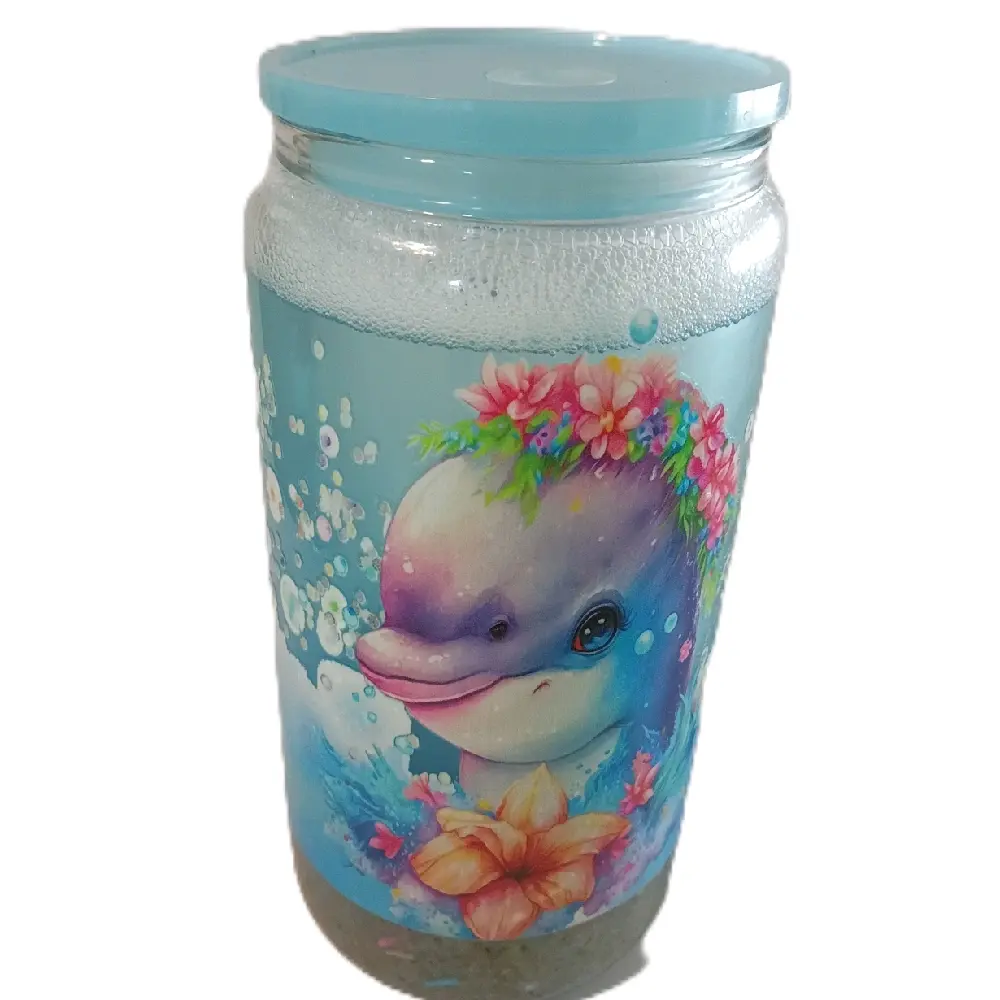 16oz Durable Reusable Glass Snowglobe Cup - Dolphin Theme, Kitchenware Drinkware Tumbler Water Bottle for Beach Lovers, Dining