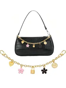 Women Imitated Bag Chain Replacemet Shoulder Bag Strap Handbag Female Handle Belt Bag Flower Chain, Heart Chain Elegant Bag Charm Chain Black Flowers Pink Flowers White Flowers Bag Chain Charm Bag Decoration Pendant Decorative Bag Charms Accessories Bling