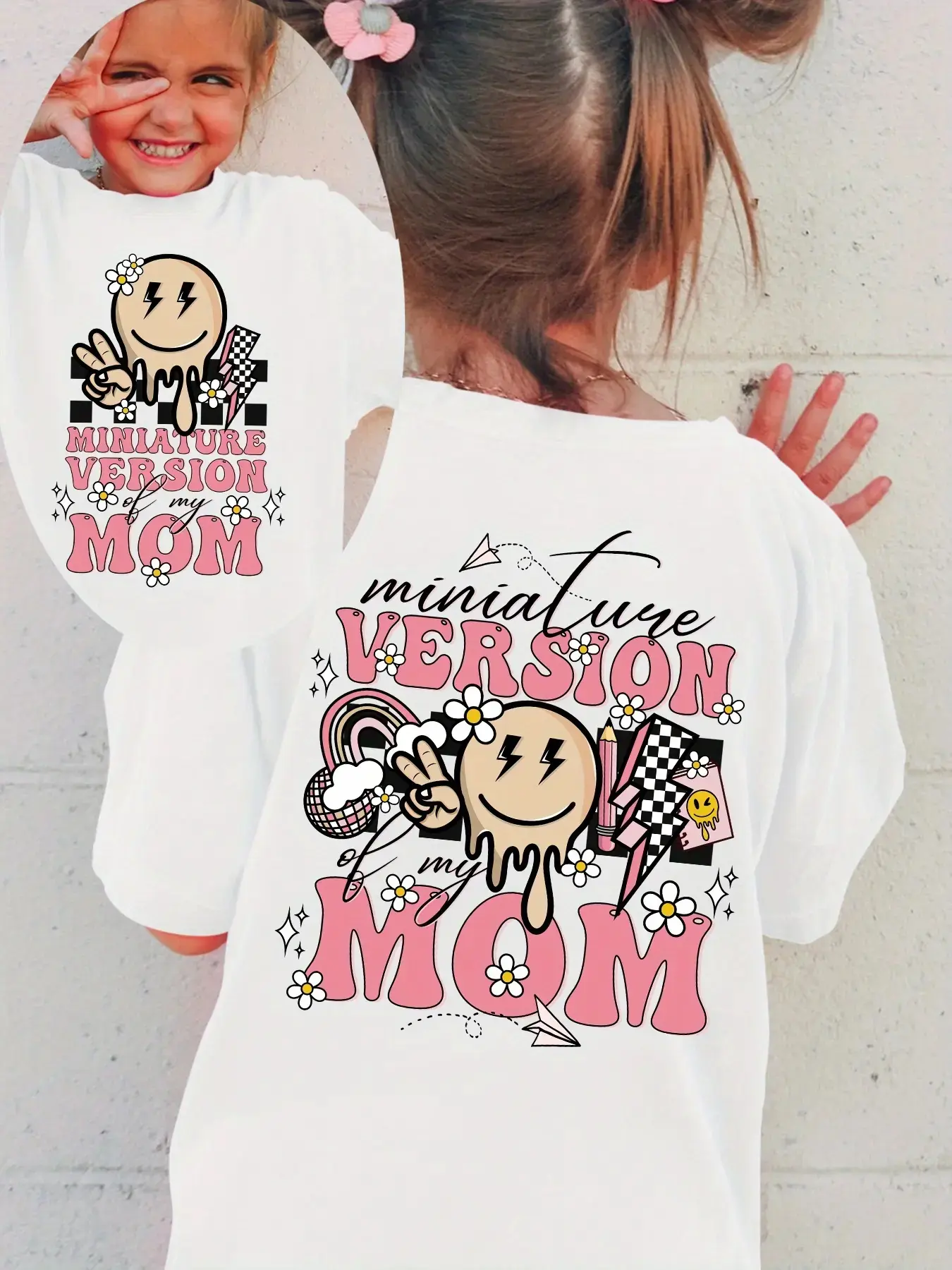 Toddler Girls' Mommy & Me Matching Cotton Short Sleeve Tops - White Retro Graphic Tee with Melting Lightning, Smiley, Daisy, Rainbow, Disco Ball, Checker Prints, Casual Basic for Everyday Use, Letter Print, Prop 65 Safe, Soft Cotton