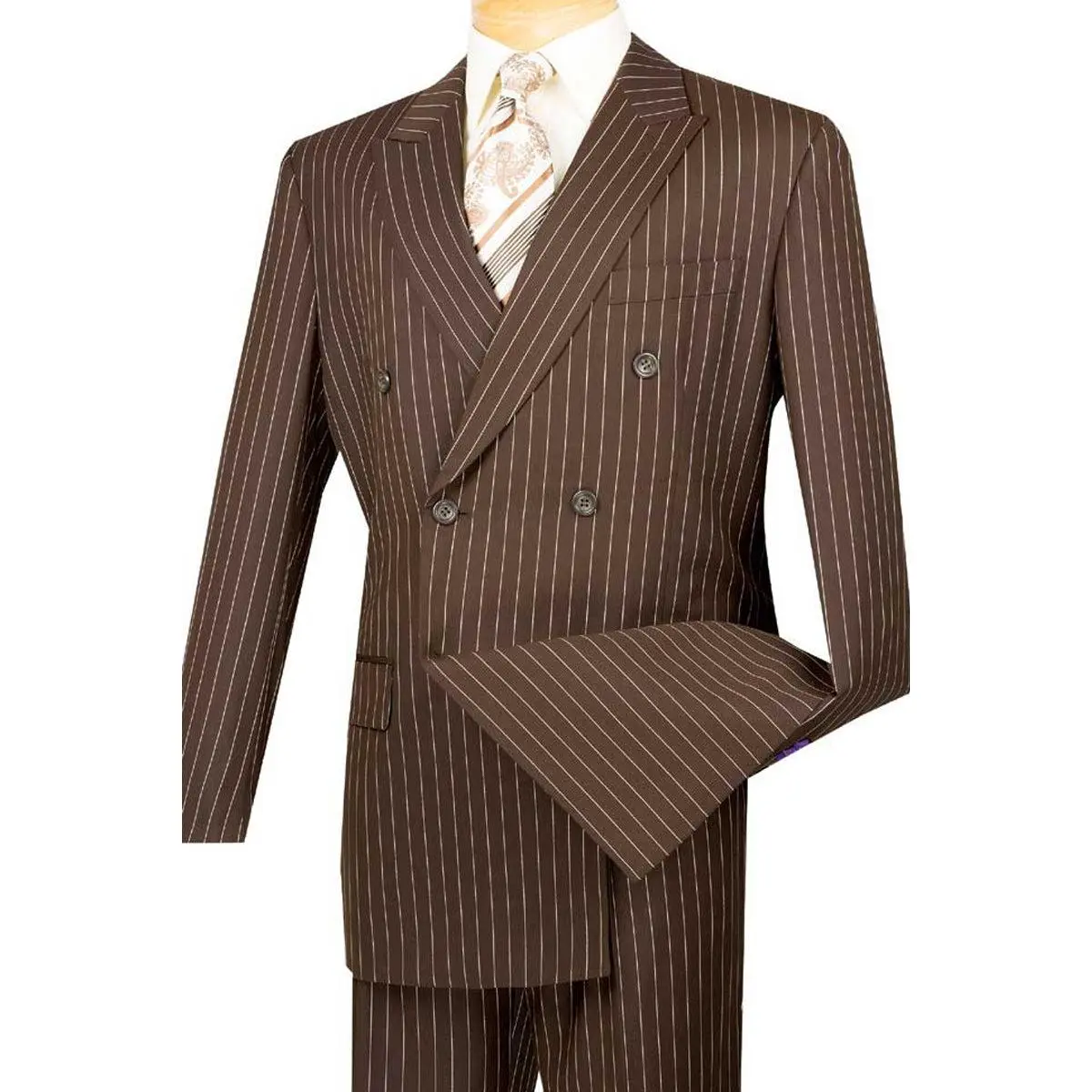 Mens Double Breasted Gangster Bold Pinstripe Suit in Brown