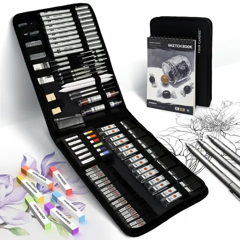 4 Candies 52/73PCS Advanced Art Kits - Office Stationery with Fineliner Pens, Mechanical Pencils, 3-Color Spiral Binding Sketchbook, Charcoal Sticks, Pastels, White 4B Erasers - Comic Art School Supplies for Professionals, Educational Gifts