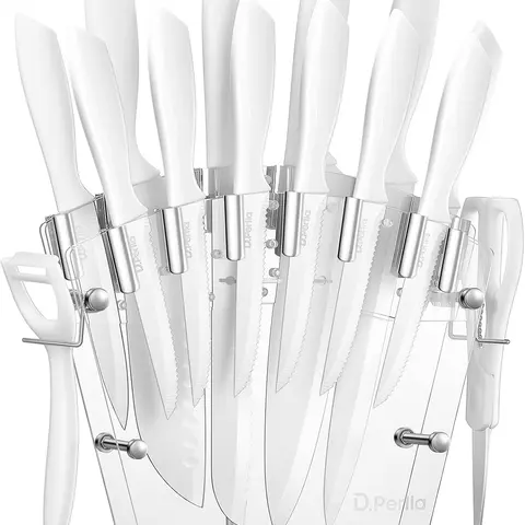D.Perlla 16-Piece Modern White Ceramic Knives Kitchen Set with Acrylic Stand, Durable High Carbon Stainless Steel Blades, Non-Stick Coating, Rustproof, Ergonomic Non-Slip Handle, Sharpener for Daily Storage