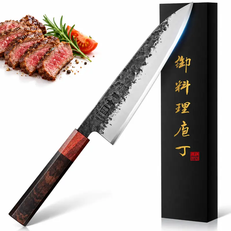 KanngouSaku Japanese Professional Ultra Sharp Kiritsuke Chef Knife - Forged Durable Alloy Steel, HRC 59±2 Edge, Ergonomic Grip, Premium Gift Box, Shredding Function, Kitchenware Essential for Food Preparation, Father's Day Gift