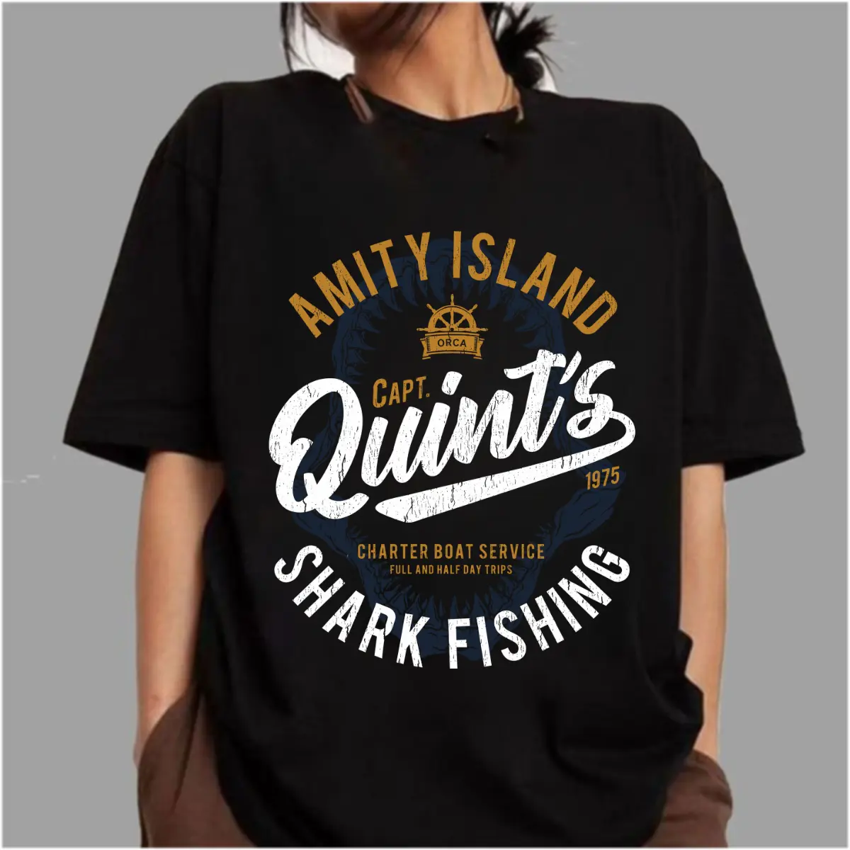 Amity Island Quint’s Shark Fishing Graphic T Shirt Vintage Charter Boat Service Tee Retro 1975 Ocean Adventure Short Sleeve Crew Neck Unisex Top Breathable Lightweight Streetwear Daily Casual Outfit Classic Jaws Movie Apparel Nostalgic Marine Theme Clothi