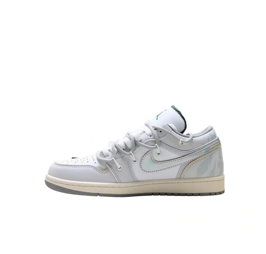 Off White Low Top Skate Sneakers Iridescent Holographic Accents Vintage Cream Midsole and Grey Outsole