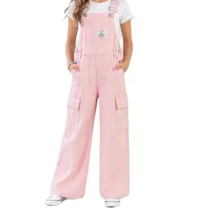 Girls Pink Wide Leg Denim Overalls, Kids Adjustable Strap Cargo Jeans Dungaree Pants, Casual School Outfit, 6-13Y