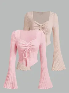 Women's Solid Bow Decor Ribbed Tee, Elegant Fashion Casual Long Sleeve T-shirt for Daily Outdoor Wear, Women Clothing for Spring & Fall