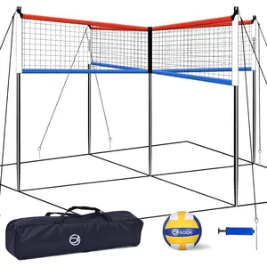 4 Square Volleyball Net  Set, 14 FT 4-Way Volleyball Net for Backyard Beach Lawn, Portable Four Square Volleyball Net for Adults & Youths with Vollyball, Pump, Carry Bag