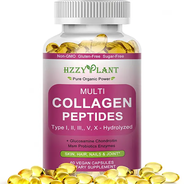 Multi Collagen Peptides Softgels, Type I, II, III, V & X Hydrolyzed Collagen with Biotin, Vitamin C & Hyaluronic Acid for Skin, Hair, Nails & Joint Support, Non-GMO, 60 Servings