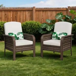 All-Weather Outdoor Rattan Chair Set 2 Piece, Grey Wicker Patio Furniture with Removable Thick Cushions, Heavy Duty Seating for Porch Deck and Backyard tempered glass table