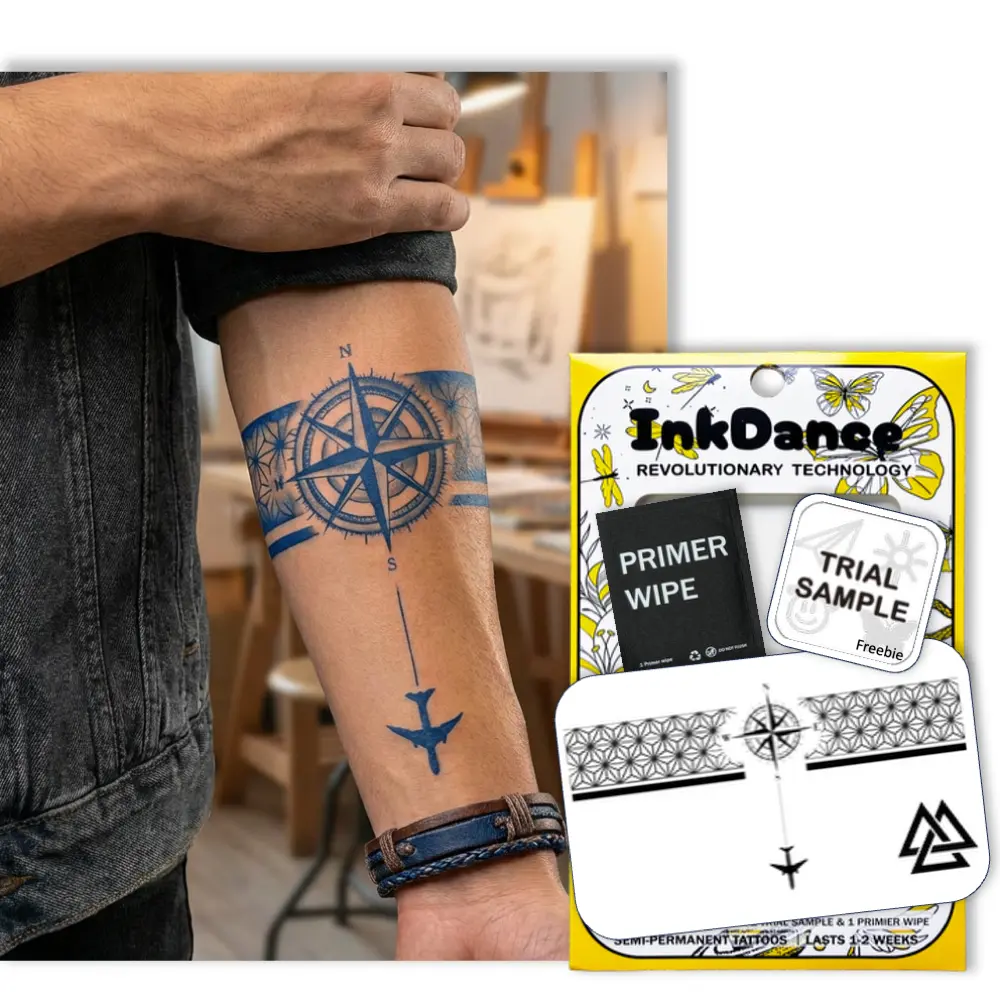 InkDance Semi-Permanent Tattoo, Wanderlust Compass, Long Lasting Temporary Tattoos for Men, Waterproof Plant-Based Ink, Lasts 1-2 Weeks, Color Develops in 24 Hours D045