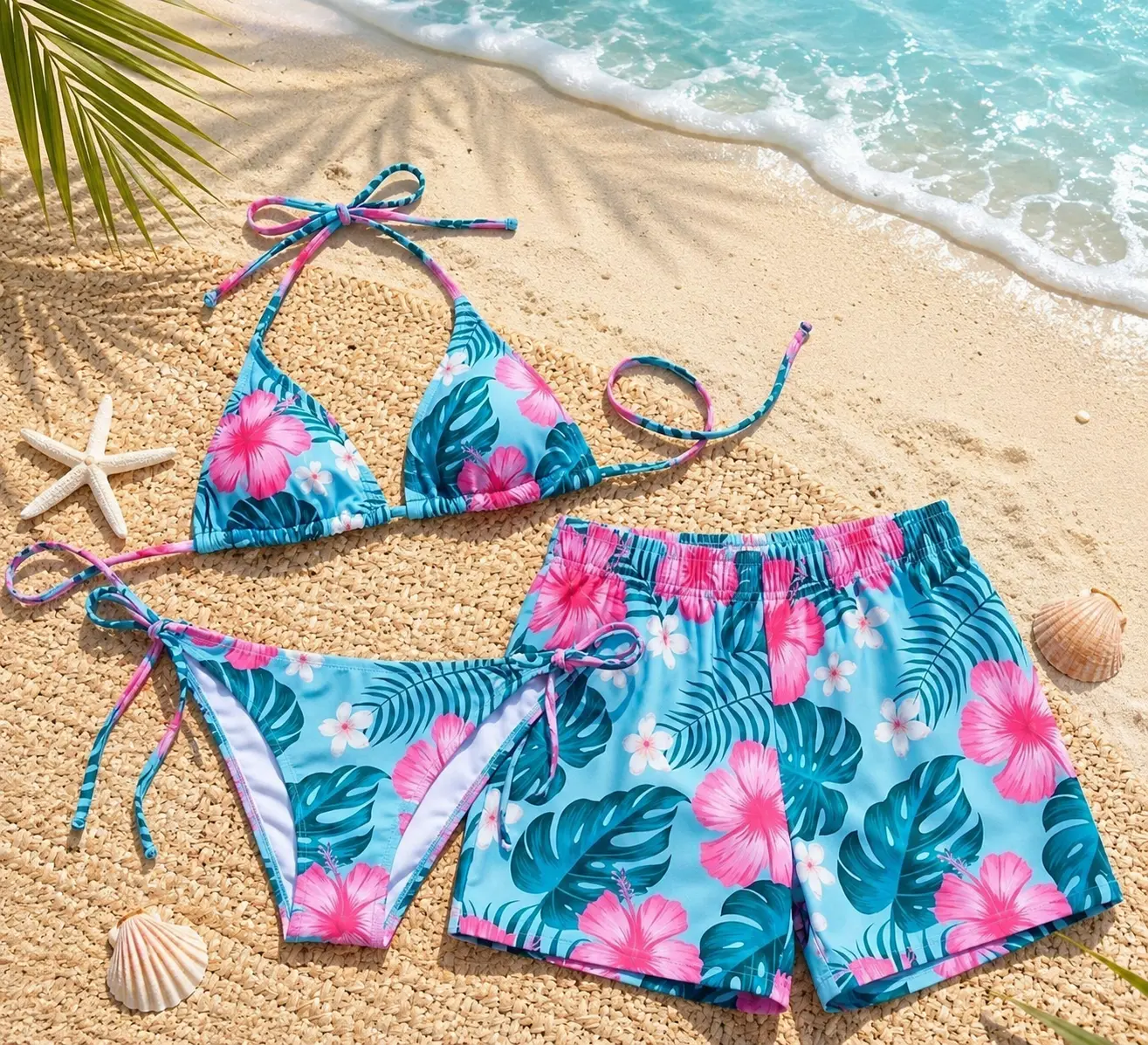 Matching Floral Summer Vibe Swimsuits for Couples – Swim Bra & Tie Side Thong Bikini + Men's Beach Shorts, Summer Vacation Swimsuit