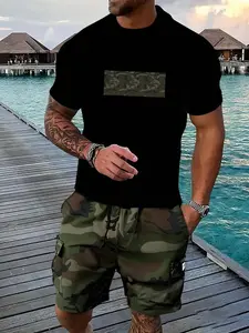 Two-Piece Set Men's Camo Print Crop Tee & Shorts, Regular Fit Casual Short Sleeve T-shirt & Camo Print Shorts, Men's Summer Outfits