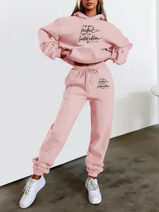 Women's Hooded Sweatshirt Set, Fall Winter Casual Style, Heart Print, Handwritten Letter Design, Fitted Medium Fabric, Daily Wear