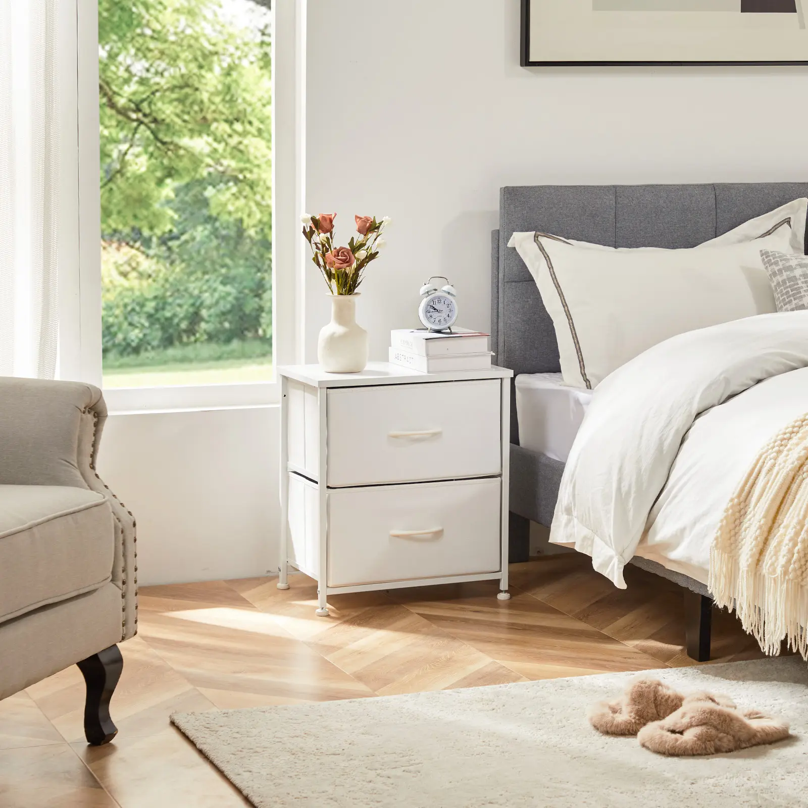 Nightstand w/2  Drawers & Fabric Bins | Double Storage Bedside Table | Space Saver for Bedroom, College Dorm, Apartment | Stylish & Functional | White