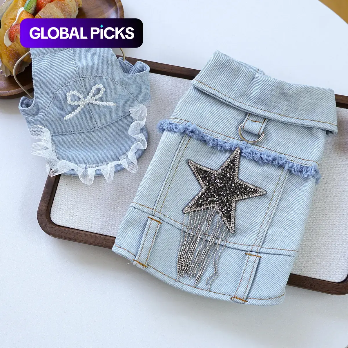 Tassel Star Denim Jacket & Artificial Pearl Jean Hat, Cute Luxury Pet Small Dog Costume for Teddy, Bichon, Pomeranian & Chihuahua #GLOBAL PICKS
