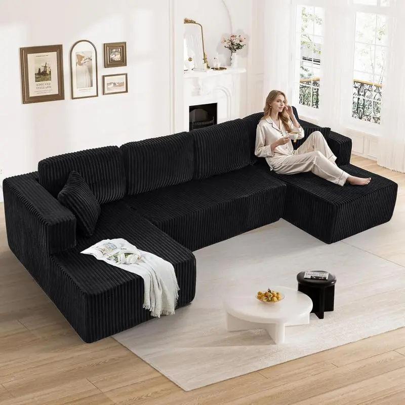 【3 Packages shipping】U-Shape Modular Sectional Couch Sofa, Compressed Corduroy, Modern Sleeper Sofa for Living Room, Space-Efficient Design (3 Packages Shipping)-Convertible Corduroy Sectional Couch
