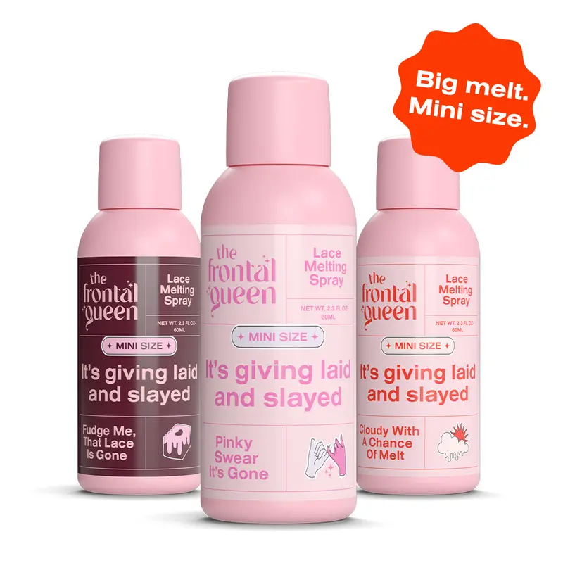 The Frontal Queen Scented Lace Melting Spray Minis Travel Size Lace Melting Spray for Wigs Strawberry Vanilla, Vanilla Amber, Chocolate Caramel Invisible Lace Melt, No White Cast, Seamless Hairline Travel Size Melting Spray