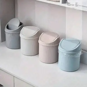 Mini Desktop Trash Can with Lid, Cute Bins Trashcan, Plastic Material, 6.69x5.12x5.12 Inches, Ideal for Bedroom, Workstation, Home Office Decor