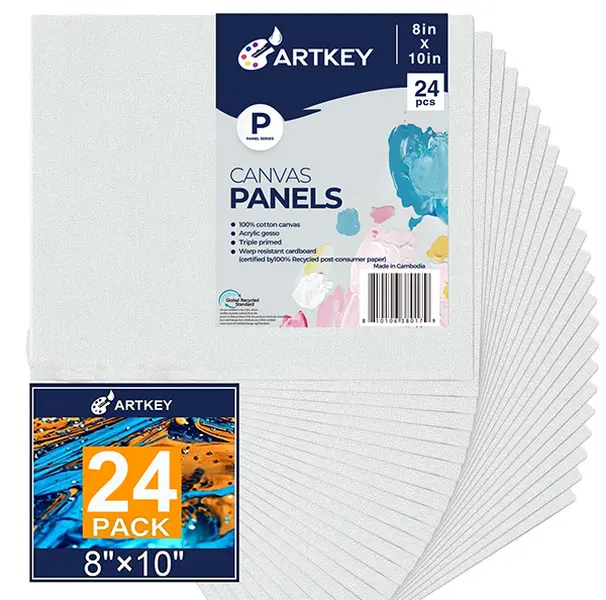 Artkey 8x10 Inch Canvas Boards 24-Pack, 10oz Primed 100% Cotton Blank White Panels, for Acrylic, Oil, Watercolor & Tempera Painting