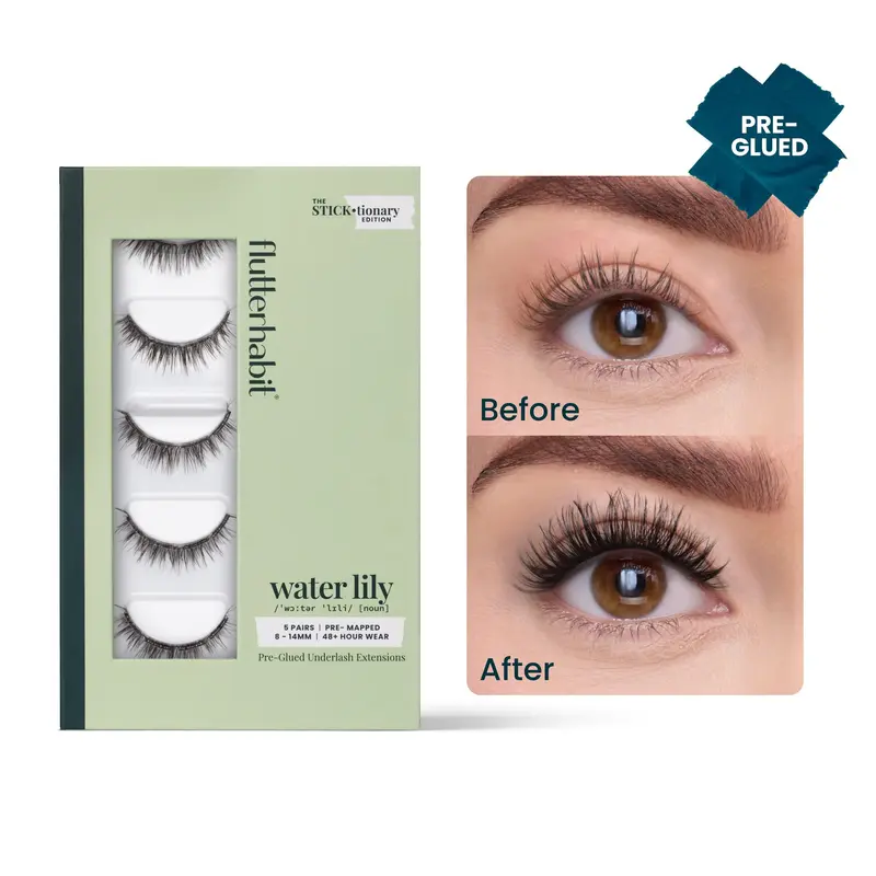FlutterHabit Water Lily Pre-Glued Press On Eyelash Extensions STICKtionary Edition Classic C Curl 8-14MM for Multi-Day Wear - Cosmetic