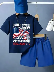 Boys' 2-Piece USA 250th Anniversary Printed T-Shirt & Blue Shorts Set, Kids' Fashion Outfit