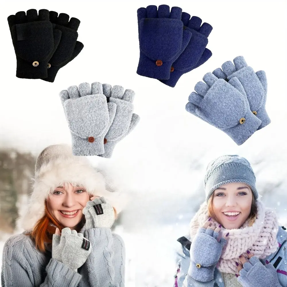 Women's 4-Pairs Mix Mohair Knitted Convertible Gloves - Plain Solid Colors, Fingerless Mittens with Cover for Cold Weather Typing & Outdoor Sports, One Size Fits Most