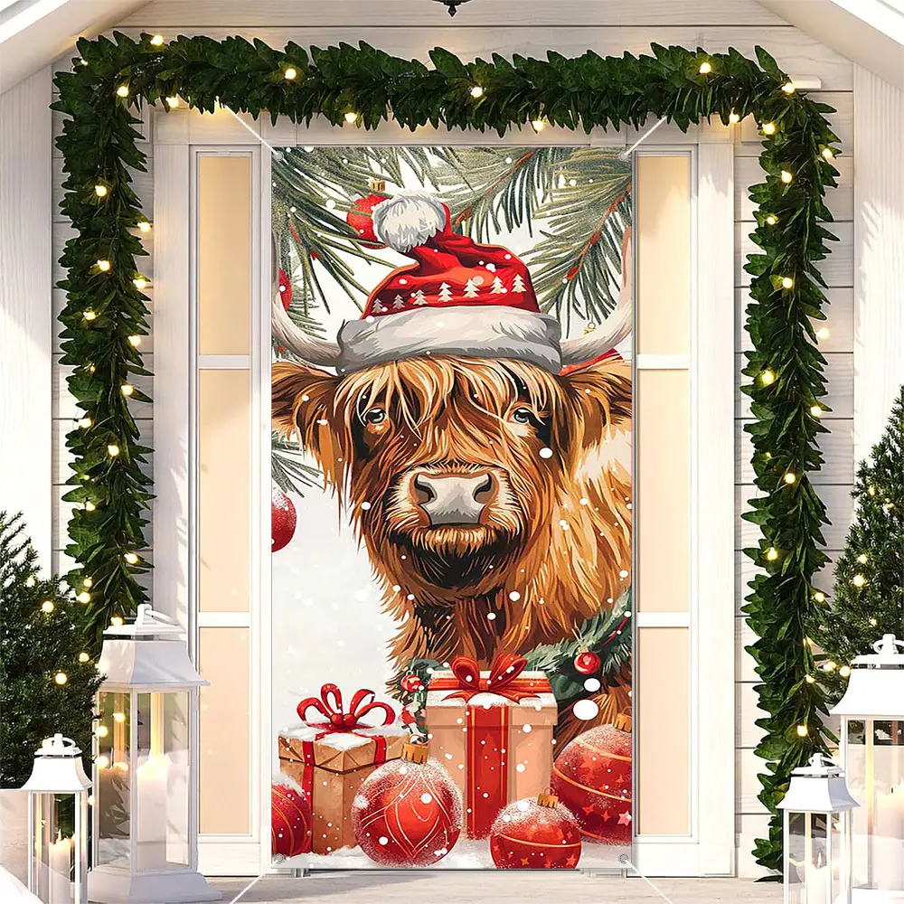 Polyester Christmas Door Cover (36x72in) - Winter Snowman, Cardinals, Wonderland Tree Glitter Design, Festive Porch Banner, Party Decoration Supplies